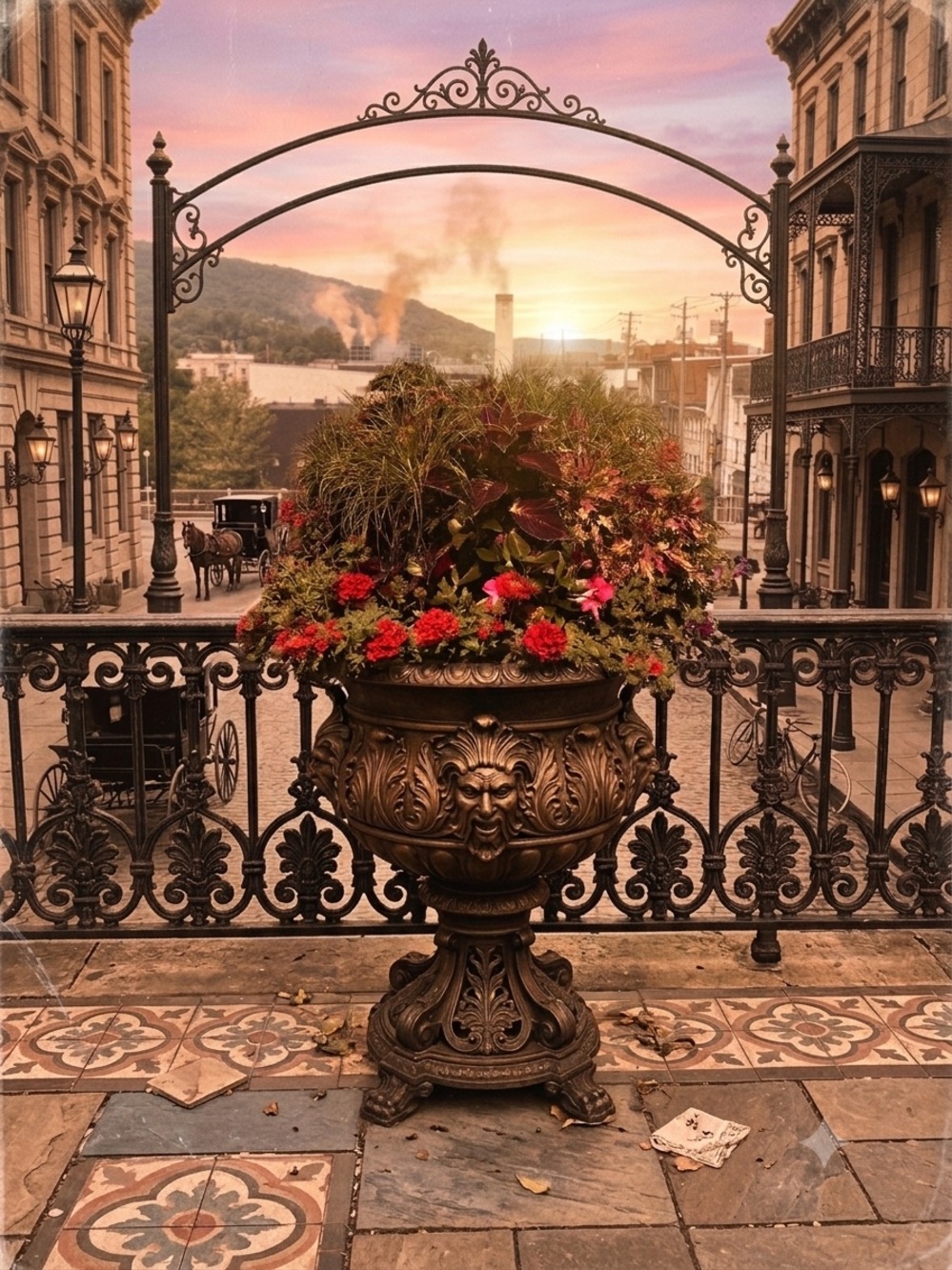 Bronze-Effect Decorative Urn Planter with Red Floral Accents